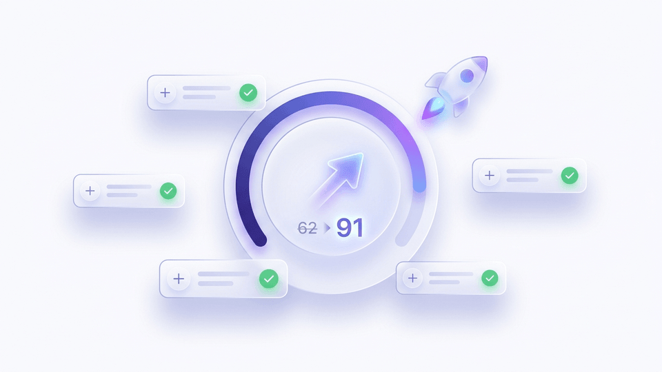 A resume score climbing from 62 to 91 as AI suggestions are applied