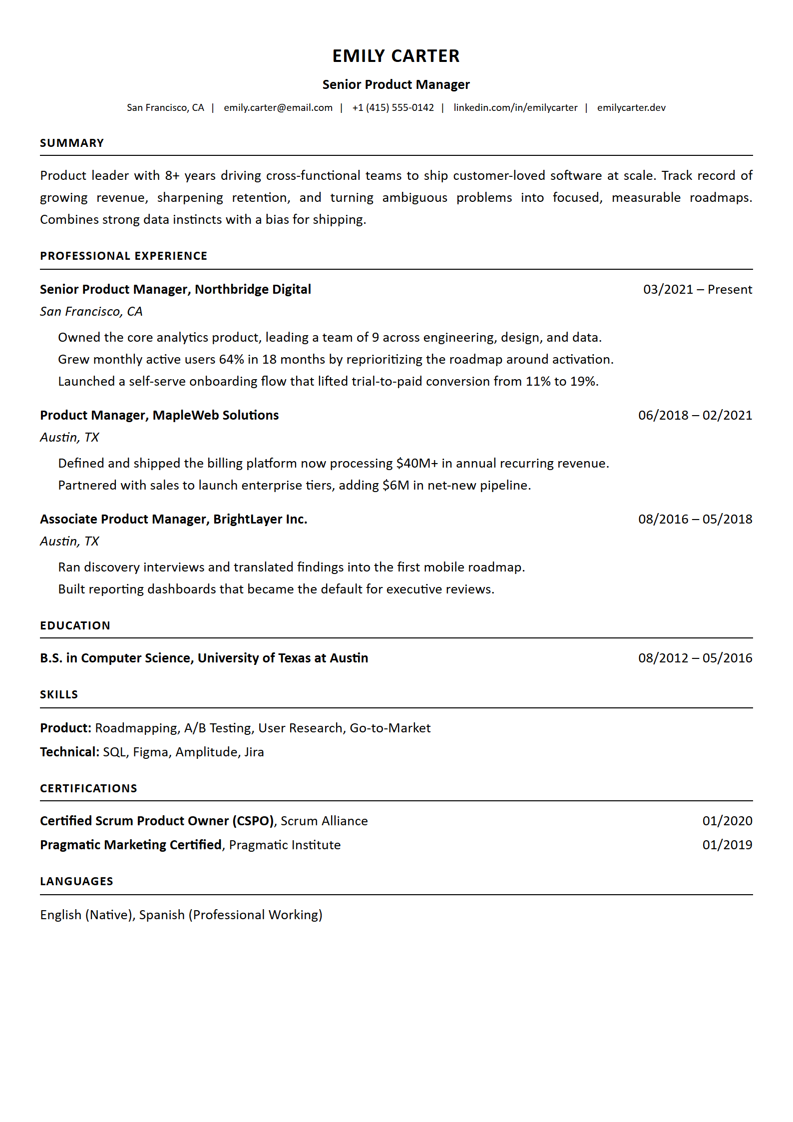 Preview of a finished résumé built with the ATS Optimized template